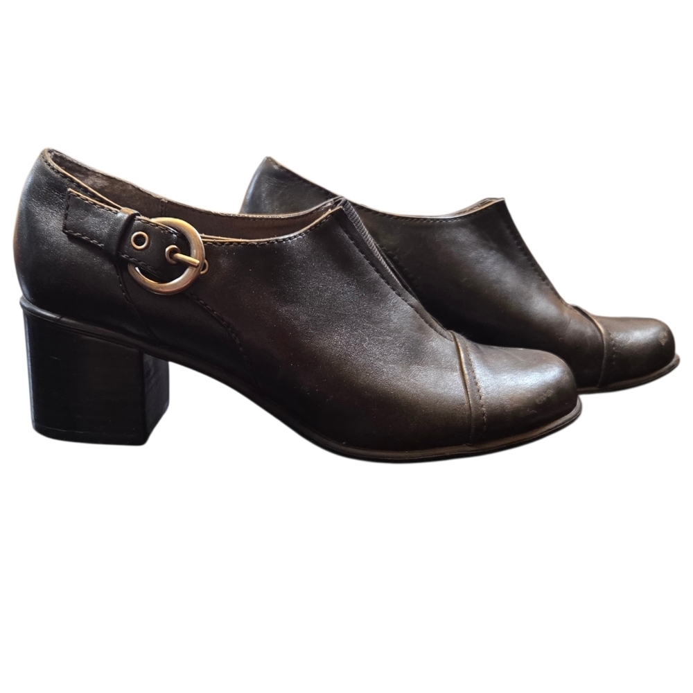 Kenneth Cole Black Slip On Leather Booties With Buckle Heels Size 6 Heel Is 2"